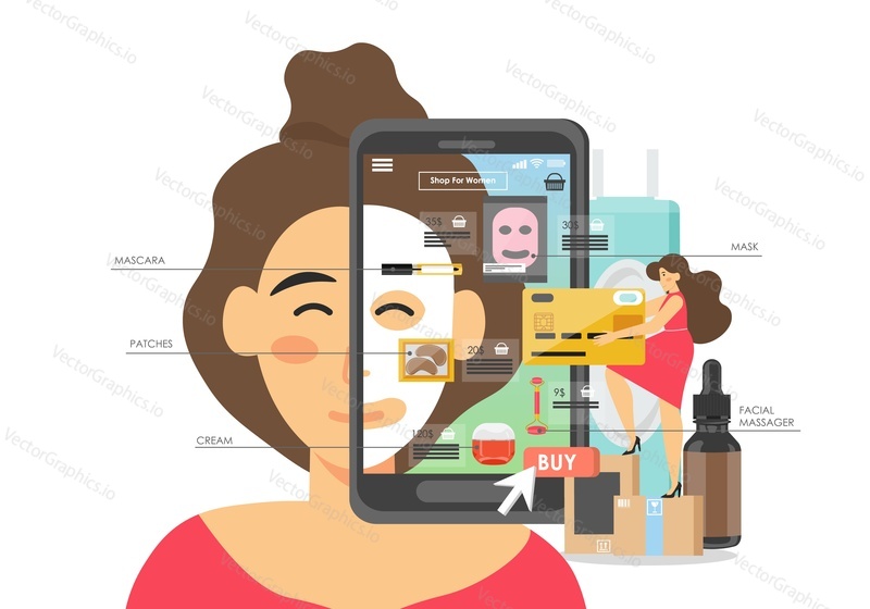 Online obchod s make-upem a kosmetikou, vektorová plochá ilustrace. Žena, která nakupuje masku na obličej, krém, oční skvrny, řasenku, masér na obličej. Péče o pleť a kosmetické výrobky online, e-commerce.