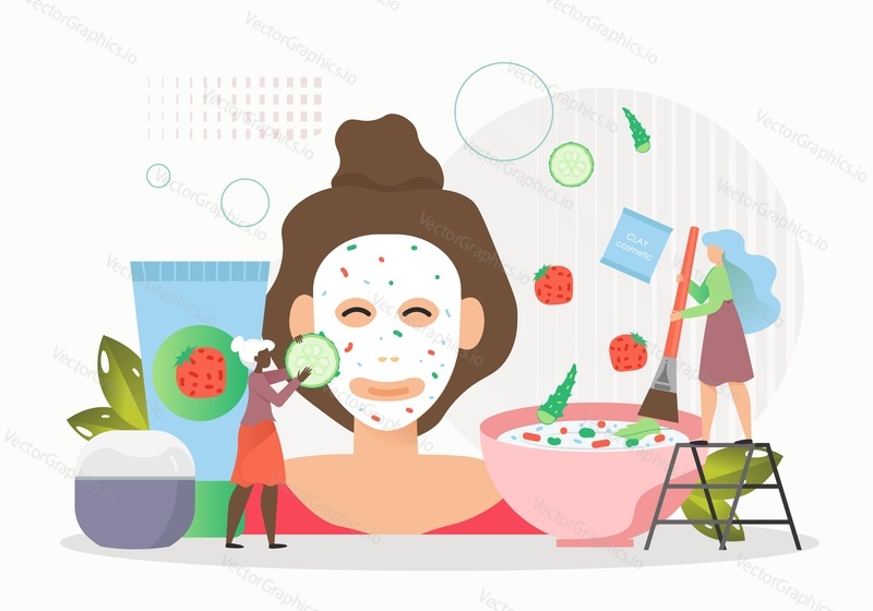 Drobné ženské postavy kosmetičky použití diy přírodní okurka ovoce aloe vera masku na ženskou tvář, vektorové ploché ilustrace. Kosmetologie, kosmetické ošetření obličeje, kosmetické ošetření obličeje.