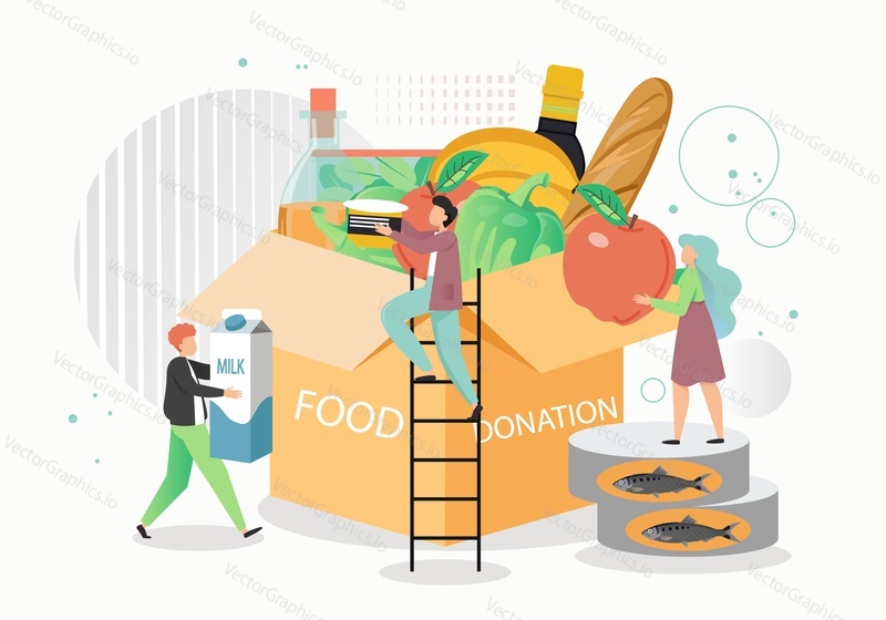 Food donation box, vector flat illustration. Volunteers tiny male and female characters boxing groceries for homeless and poor people. Humanitarian aid, food drive, donation and charity, volunteering.