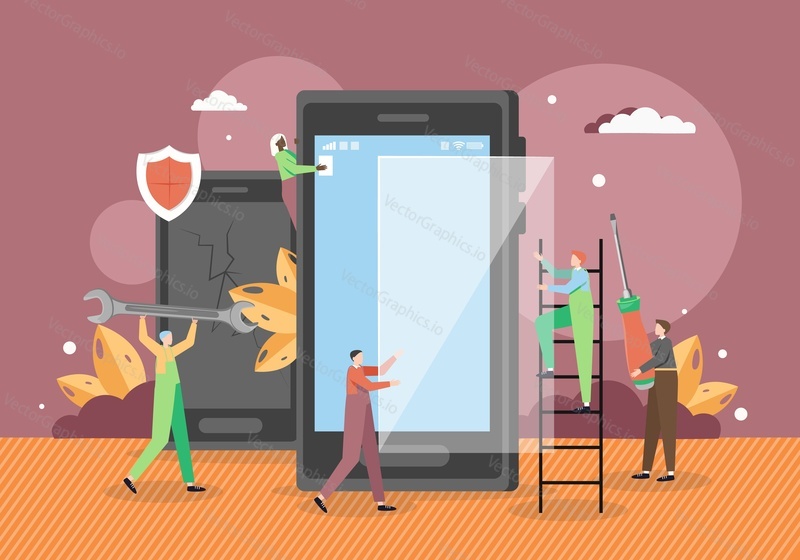 Tiny male characters technicians repairing smartphone screen, installing protective film, vector flat illustration. Mobile cell phone repair, maintenance service. Broken screen repair and replacement.