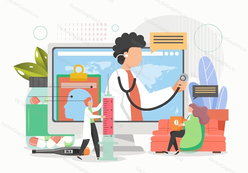 Online doctor consultation, vector flat illustration. Male and female characters patient and medical professionals. Virtual doctor visit, telemedicine, online diagnosis and treatment.