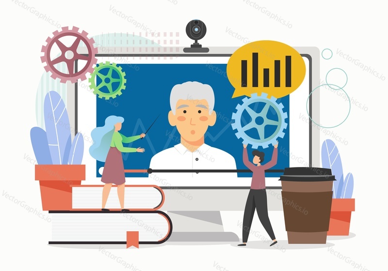 Students learning online with tutor in digital classroom, vector flat illustration. Web seminar, business webinar, online video training, virtual tutorial, remote teaching, video conference technology