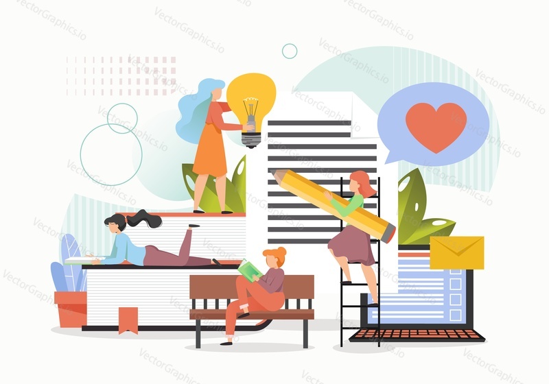 Tiny people female characters poets writing and reading poems, vector flat illustration. Literature and culture, poetry art, online literary magazine concept.