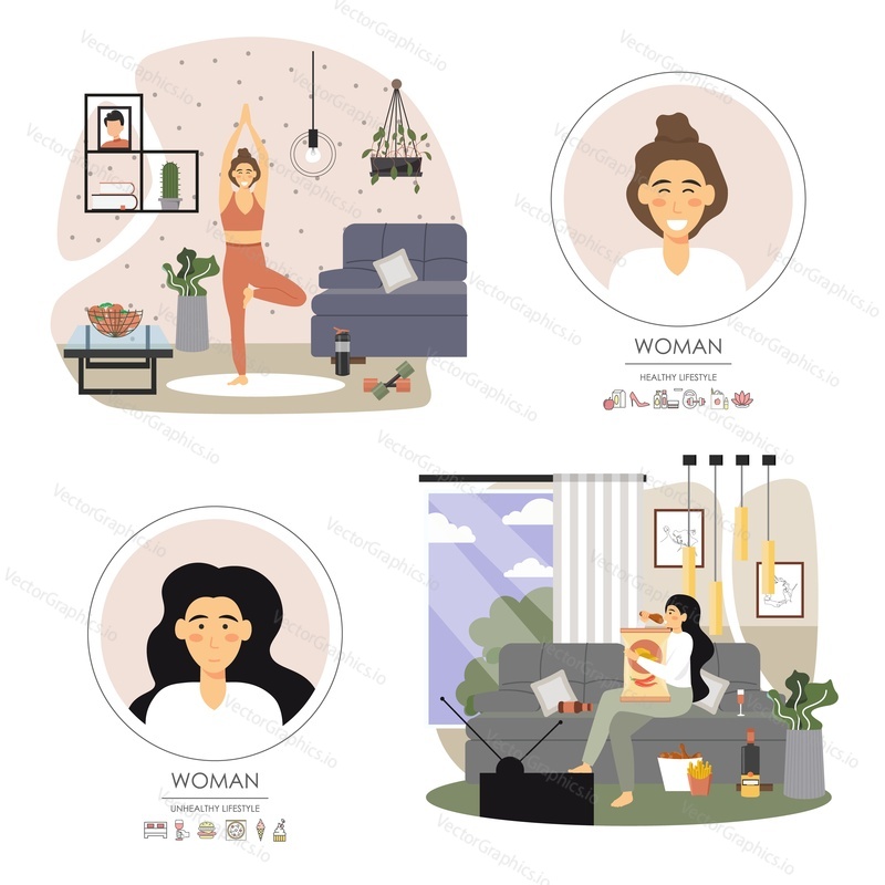 Healthy and unhealthy lifestyle set, vector flat illustration. One girl doing yoga and the other one eating junk food and drinking wine at home. Unhealthy eating, home yoga classes.