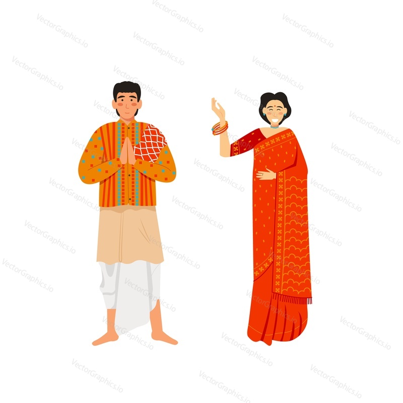 Indický pár muž a žena na sobě tradiční indické oblečení, vektorový plochý izolovaný obrázek. Sari nebo saree oblíbené šaty pro ženy, indický tradiční kostým pro muže.