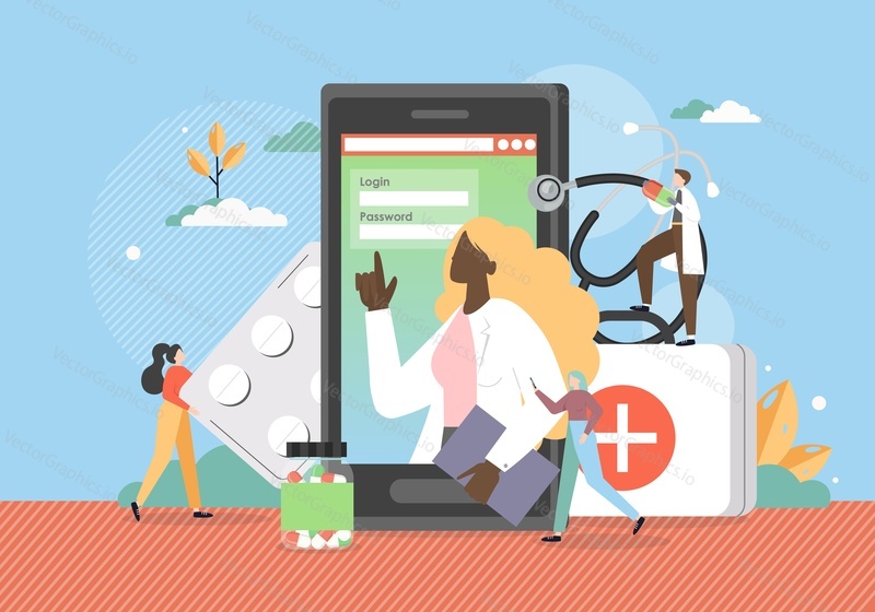 Web medicine flat vector concept illustration. Online medical information, advice, answer on prescription drugs questions. Mobile health care. Online diagnosis, doctor consultation, treatment service.