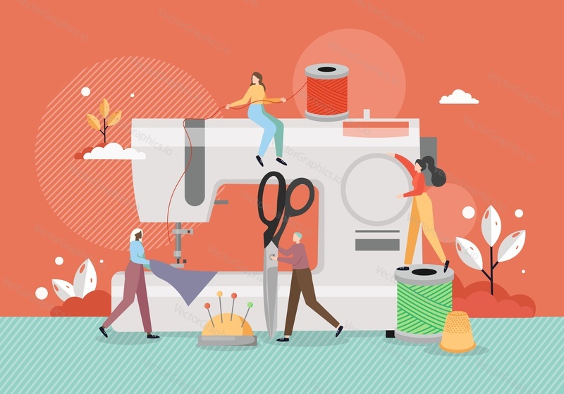 Seamstress dressmaker tiny male female characters sewing apparel, vector flat illustration. Big sewing machine, scissors, thread, cushion with pins, thimble. Tailoring workshop, atelier fashion.