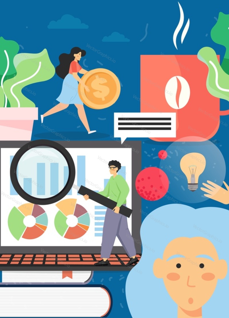 Brand idea vektorové plakát banner šablony. Umístění značky, kreativní myšlení, koncept generování nápadů s postavami, notebook, žárovka. Plochý styl designu ilustrace.