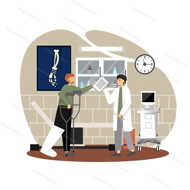 Doktor muž mluví se zraněným pacientem se zlomenou nohou v obsazení pomocí berlí v nemocničním pokoji, vektorová plochá ilustrace. Traumatologie, medicína a zdravotnictví.