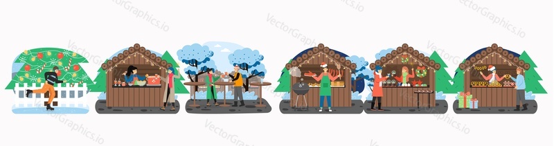 New Year fair set flat vector illustration. Winter street market stalls and vendors. Happy people drinking mulled wine, buying Christmas gifts, biscuits, ice skating near decorated city Christmas tree