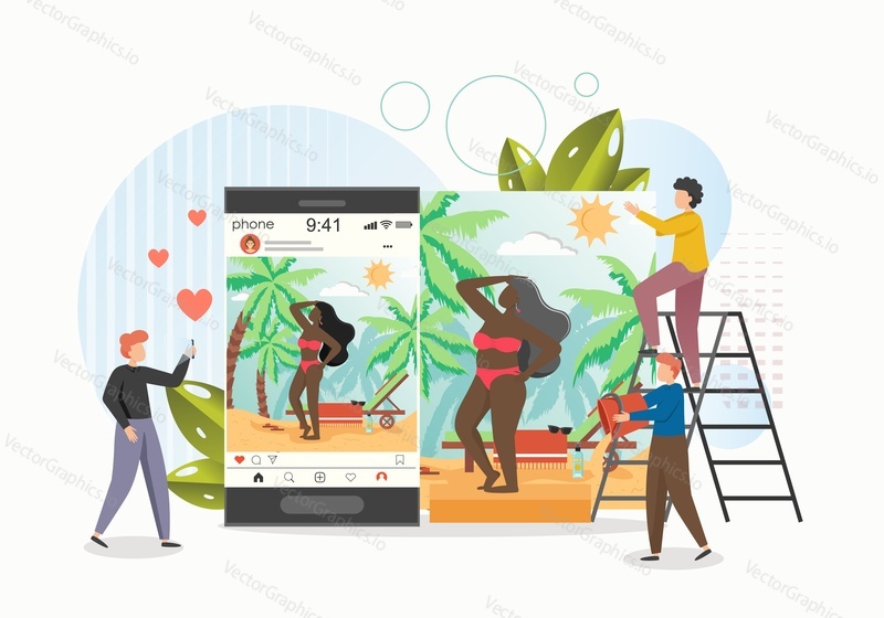 Online photo editing and retouching service, flat vector illustration. Male characters photographers retouching real life photo of young girl.
