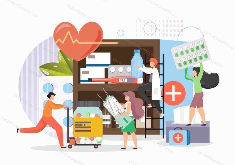 Malé mužské a ženské postavy balící obří lékárničku, ploché vektorové ilustrace. Zdravotní sada pro lékařské pohotovosti s léky, pilulky, stříkačky, teploměr atd.