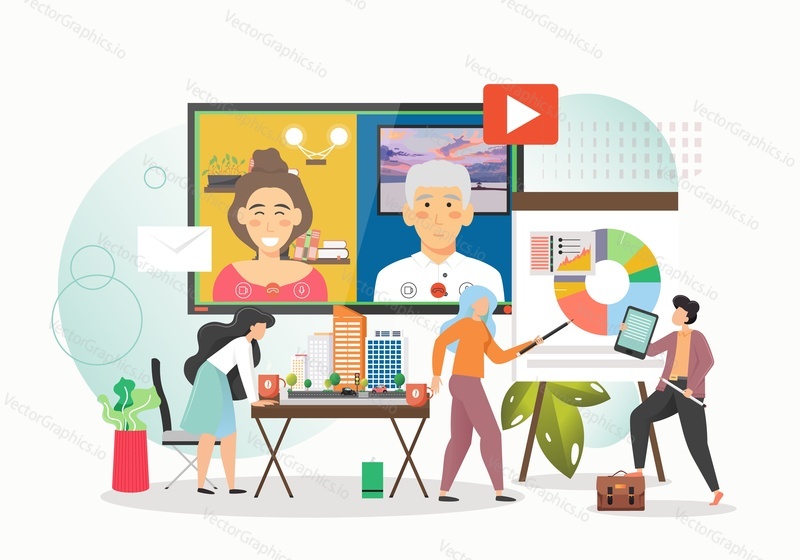 Obchodní tým pracující na projektu územního plánování, ilustrace vektorového konceptu. Online obchodní konference, setkání, videokonference, prezentace, týmová práce.