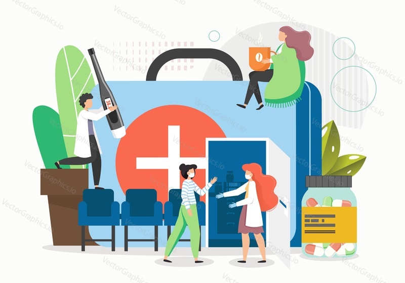Patients catching cold, feeling sick visiting doctor office, flat vector illustration. Doctor standing at entrance door of giant first aid kit and inviting patient waiting in queue to come in.