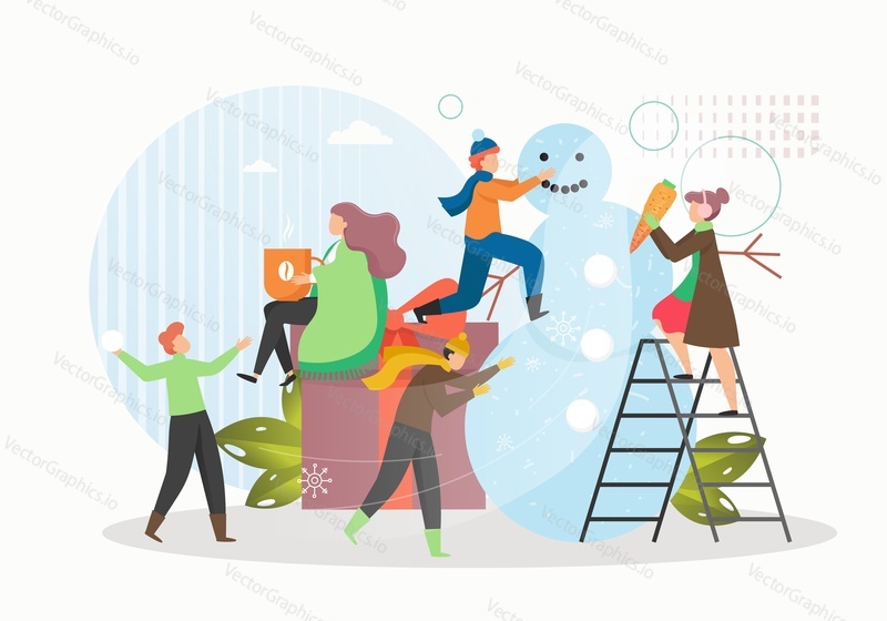 Happy male and female cartoon characters making cute snowman, playing snowballs and having fun, flat vector illustration. Winter time outdoor activities. New Year and Christmas winter holidays.