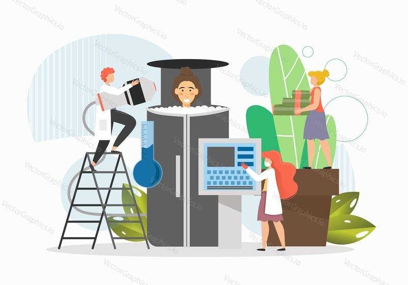 Happy woman visiting cryosauna, flat vector illustration. Whole body cryotherapy, cold therapy or ice treatment.