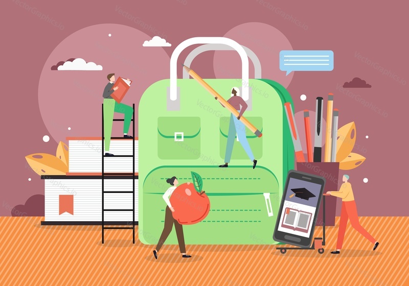 Online vzdělávání, vektorové ploché ilustrace. Malé postavy studenti stojící na obrovském batohu, žebřík drží knihu, tužku, tlačí vozík s mobilem. Distanční vzdělávání, e-learning, dálkové vzdělávání.