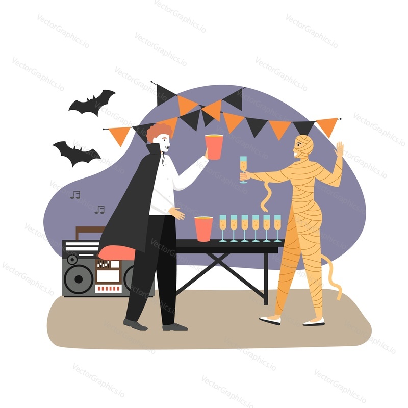 Halloweenská párty v kanceláři. Lidé v Halloweenských kostýmech tančí a pijí. Skupina přátel oslavuje tradiční festivalový koncept vektorové ilustrace.