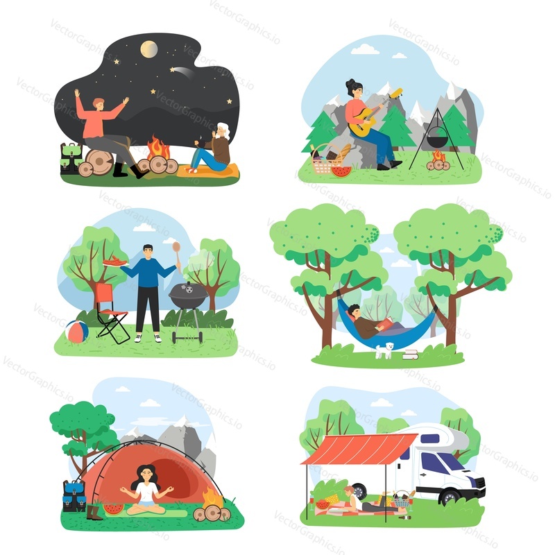 Letní bbq, pikniková scéna, plochá vektorová izolovaná ilustrace. Lidé vaří klobásy na grilu, hrají na kytaru, leží v houpací síti, meditují, sedí u táboráku, cestují karavanem.