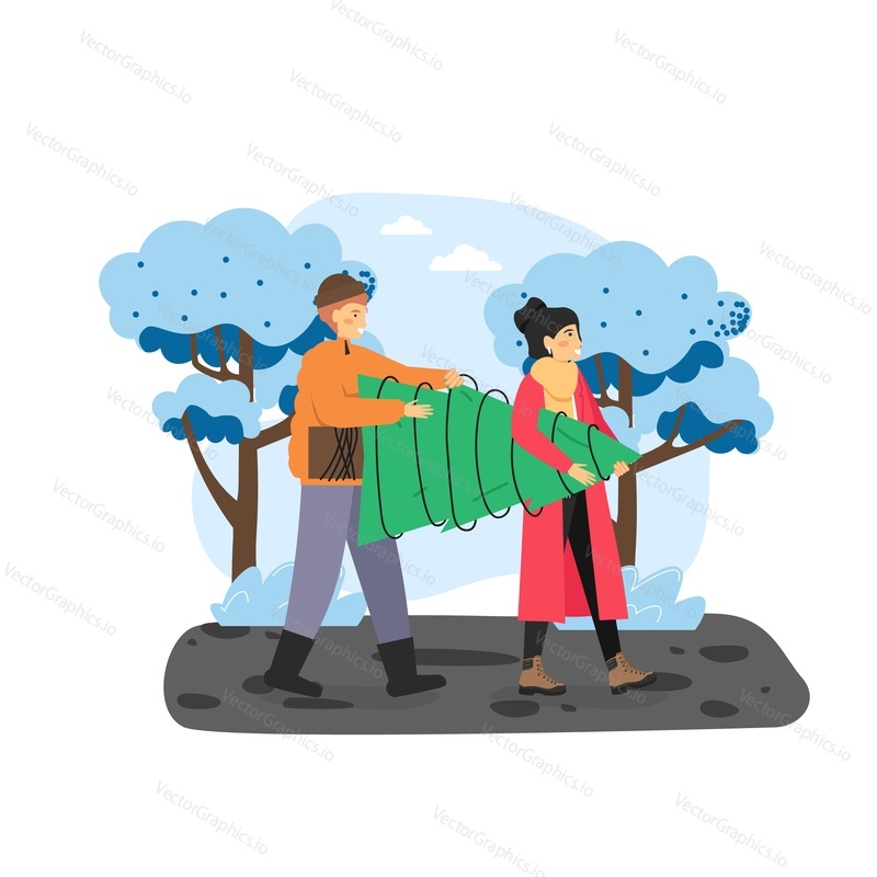 Merry Christmas scene. Happy couple carrying Christmas tree preparing to celebration, flat vector illustration. Happy New Year. Winter holidays celebration.