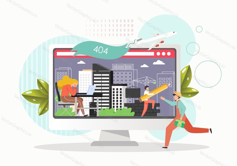 404 error page not found, webpage under construction, server error, website maintenance, flat vector illustration. Website repair services concept.