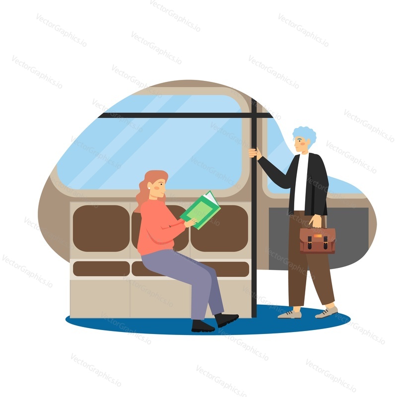 Daily life. Young man and woman commuting to and from work, flat vector illustration. Passengers in metro train. Daily morning, evening routine, everyday activities.