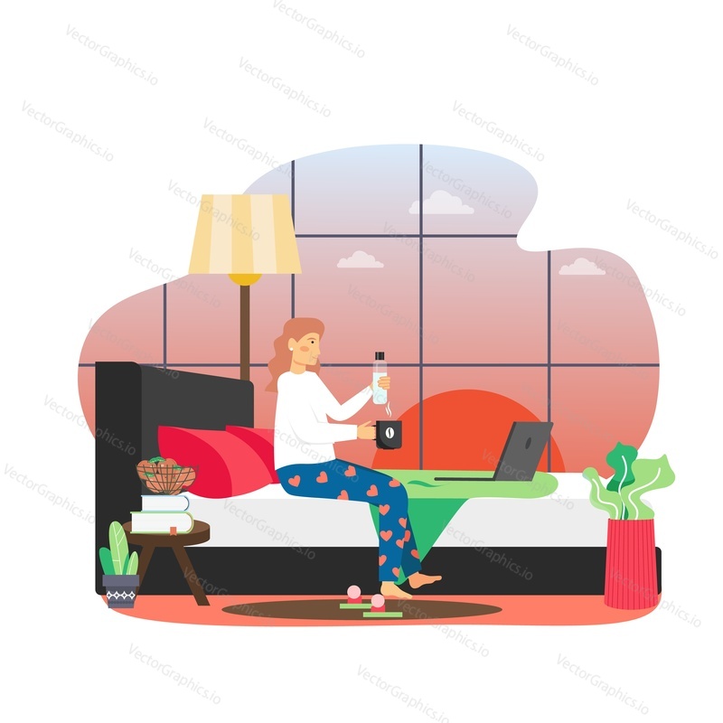 Daily life. Young woman waking up, sitting on bed with cup of coffee, water bottle and laptop computer in the morning, flat vector illustration. Daily morning routine, everyday activities, habits.