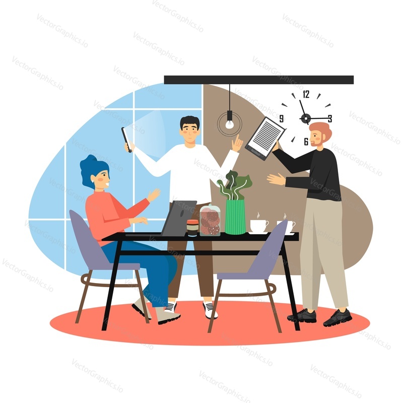 Coffee shop scene. People drinking coffee, talking to each other, discussing something, flat vector illustration. Young people friends, colleagues, business team meeting. Coffeehouse, cafe interior.