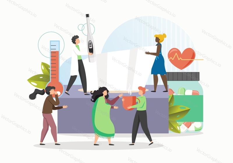 Doctor treating patients catching cold, flat vector illustration. Doctor appointment. Influenza disease viruses treatment, sick patient care.