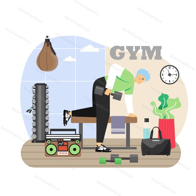 Daily life. Fitness gym. Young man training, doing triceps exercises with dumbbell, flat vector illustration. Sport and healthy lifestyle. Daily routine, everyday activities, healthy habits.