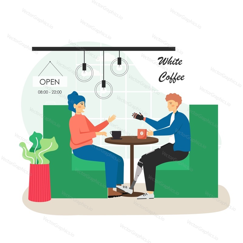 Girl and disabled man with prosthetic arm and leg meeting in cafe, flat vector illustration. Friends, colleagues drinking coffee, talking to each other sitting at table. Disabled person lifestyle.