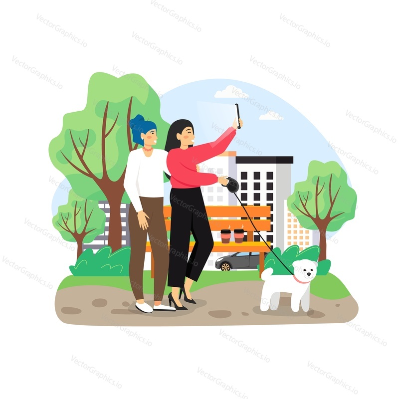 Two happy girls taking selfie, flat vector illustration. Young women, best friends walking in city park together with pet dog. Female friendship.