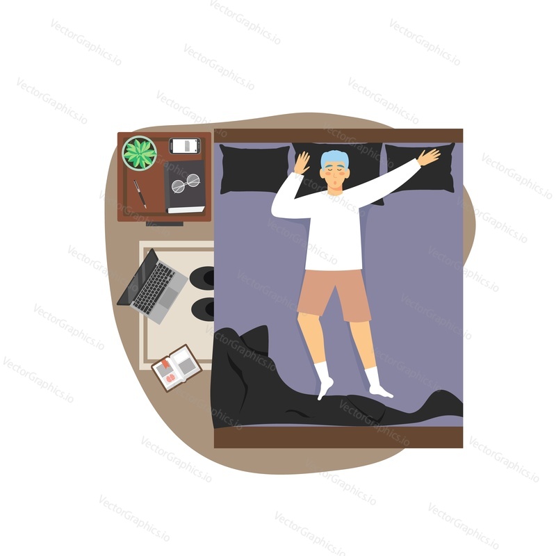 Daily life. Young man waking up in the morning, flat vector illustration. Daily morning routine, everyday activities, habits.