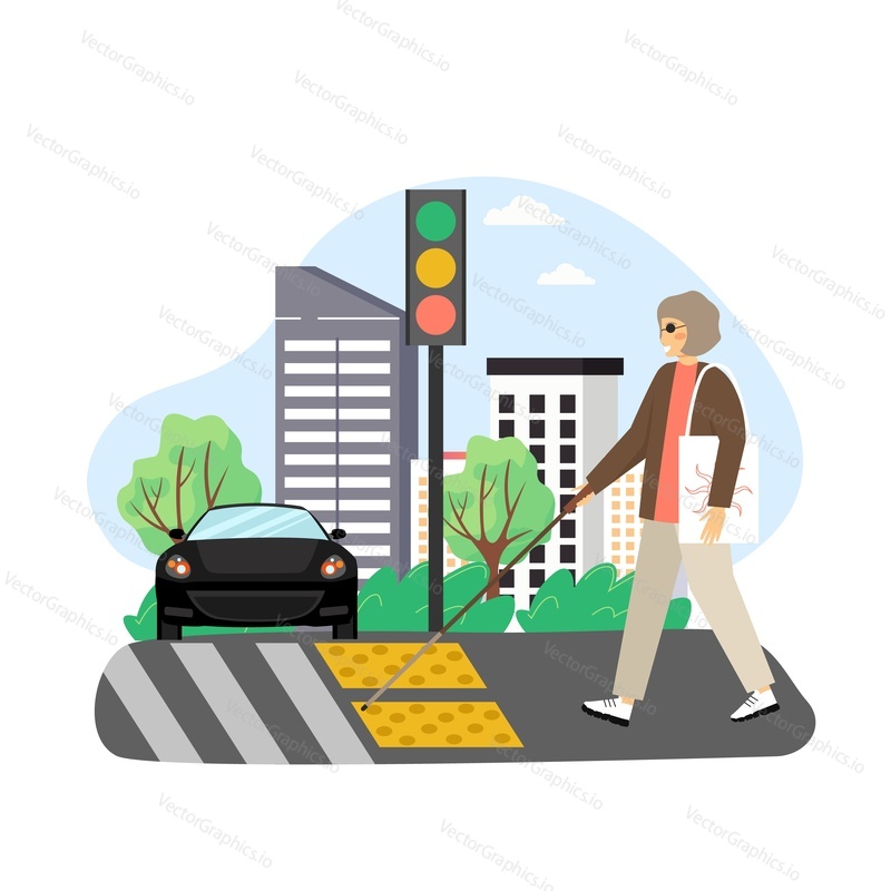 Blind woman with cane crossing street at the lights and crosswalk flat vector illustration. Tactile warning tiles on pedestrian crossing for the blind. Traffic safety for people with visual impairment