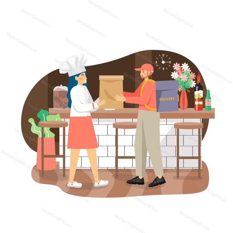 Restaurant chef female character giving bag with takeaway food to delivery man, flat vector illustration. Cafe online food order and delivery service.