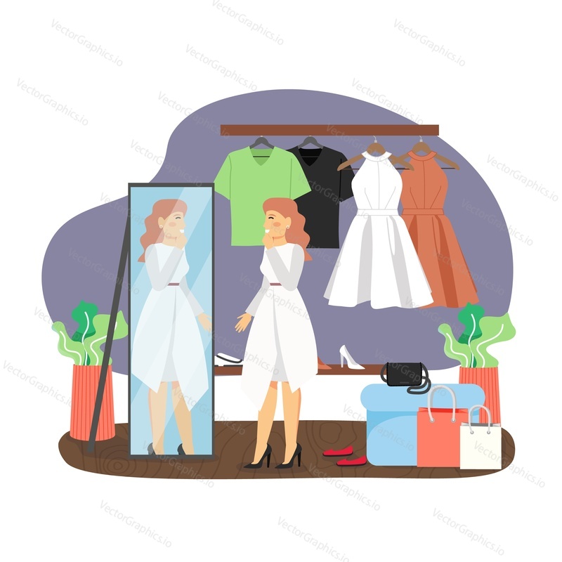 Život. Dámský obchod s oblečením, módní butik. Šťastná dívka se snaží na bílé šaty před zrcadlem, ploché vektorové ilustrace. Každodenní rutina, každodenní činnosti.