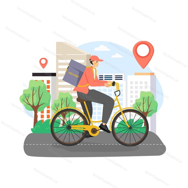 Delivery man, courier riding bike with food box on his back, flat vector illustration. Pizza, fast food online order. City food bicycle delivery service.