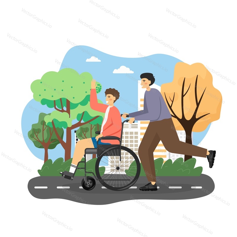 Disabled man using wheelchair enjoying walk in city park with his friend, flat vector illustration. Young man pushing wheelchair. Person with disabilities having fun. Disabled people lifestyles.