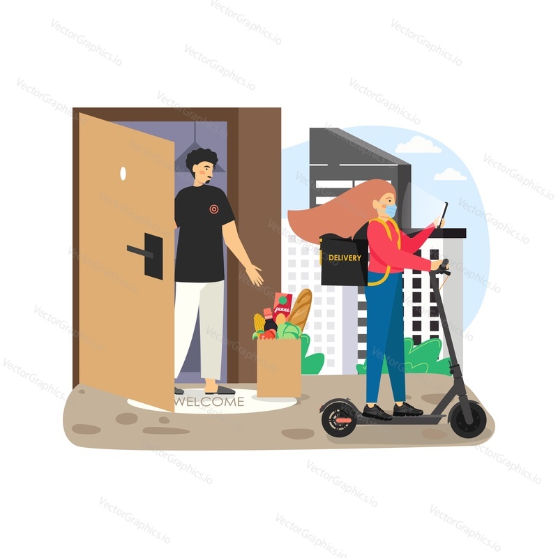 Girl courier in face mask riding electric scooter leaving grocery bag for man opening the door, flat vector illustration. Safe contactless delivery service. Online purchases and delivery in quarantine