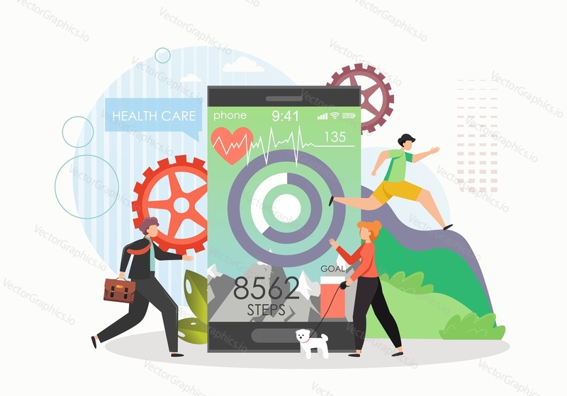 Giant mobile phone with step counter app, male and female characters tracking daily steps, walking distance, flat vector illustration. Pedometer, step tracker and health care app.
