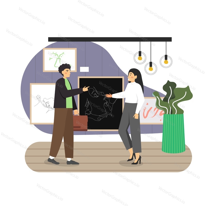 Young man choosing picture for purchase, flat vector illustration. Woman showing painting, piece of art to customer. Upgrading living room of apartment, house for comfort. Home improvement.