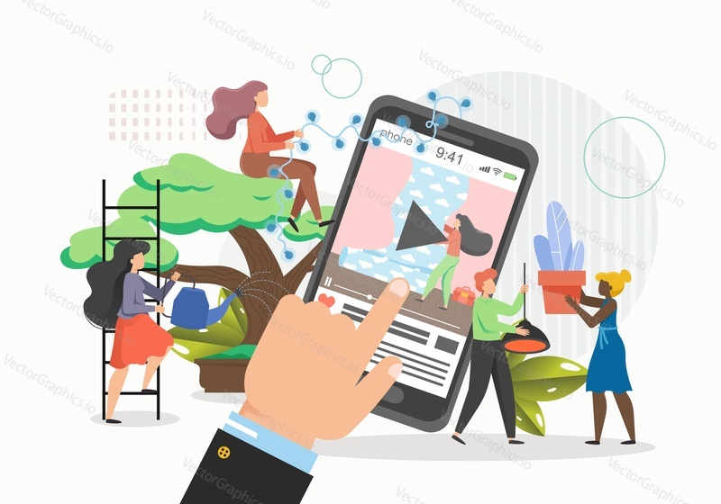 Giant smartphone, human hand, tiny female cartoon characters holding potted houseplant, lamp, watering can, garland, flat vector illustration. Home improvement, home decorating mobile apps.