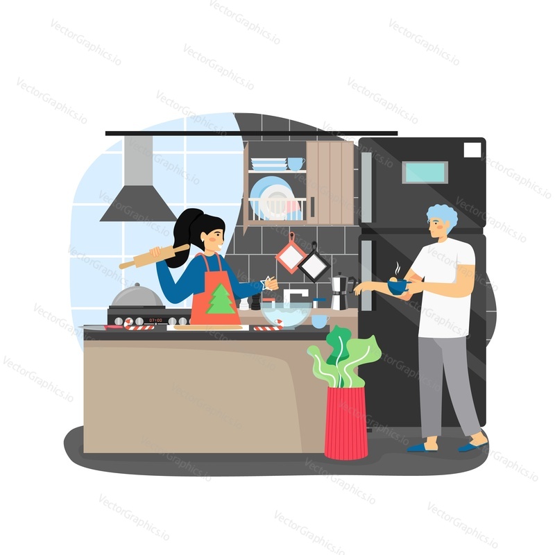 Happy woman in apron with fir tree cooking festive dinner, making traditional Xmas cookies in kitchen for New Year party, flat vector illustration. Preparation for Christmas, New Year celebration