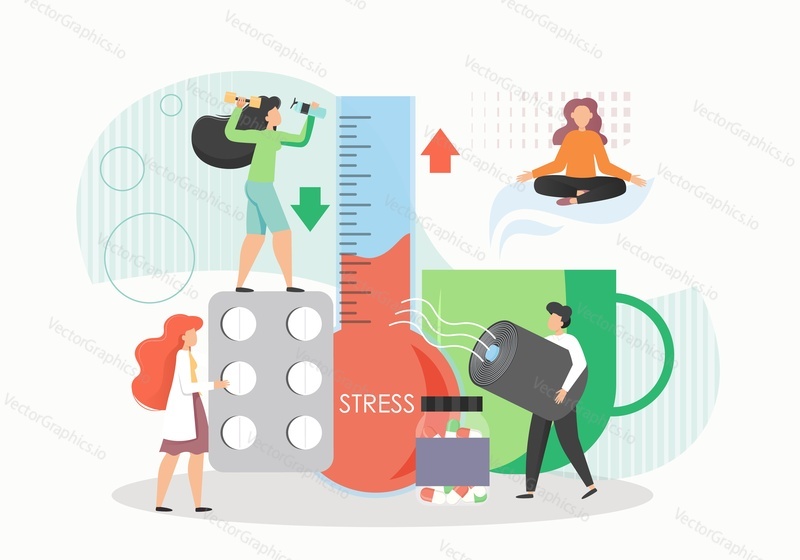 Female characters meditating in lotus position, taking medicine, doing sport, flat vector illustration. Stress relief, health care. Mental balance, harmony. Yoga, meditation, wellbeing and fitness.