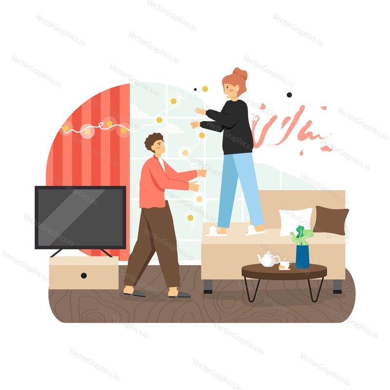 Happy couple hanging the lights on the window in hall room, flat vector illustration. Home decoration, home improvement.