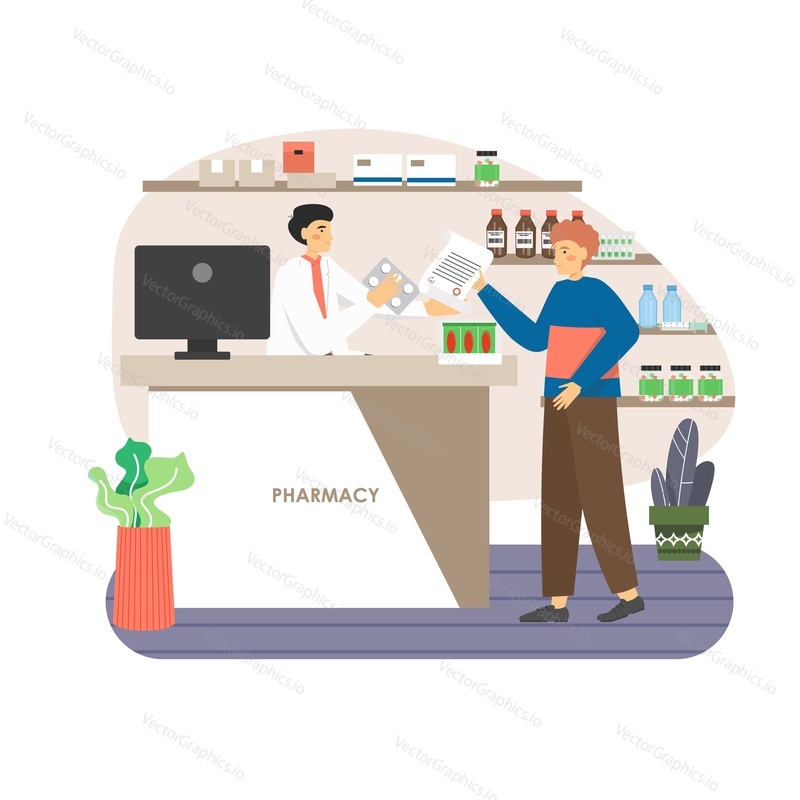 Pharmacy store. Patient buying prescription drugs and giving medical prescription to doctor pharmacist, flat vector illustration. Drugstore interior with counter, pharmaceutical racks full of drugs.