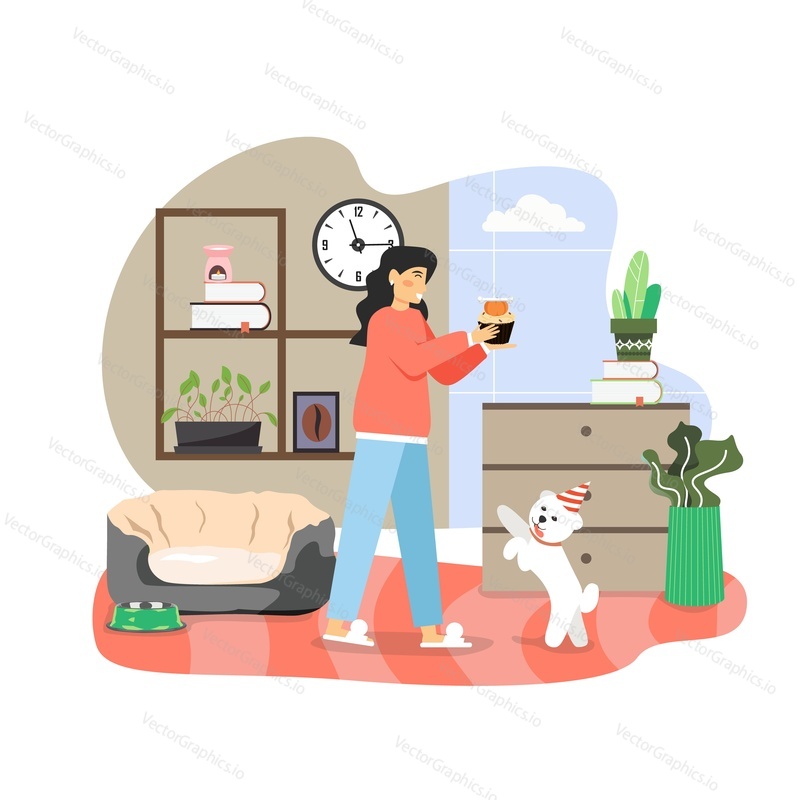 Happy woman celebrating holiday with her pet dog in festive cone hat, giving pumpkin dessert with bone, flat vector illustration. Dog party celebration.