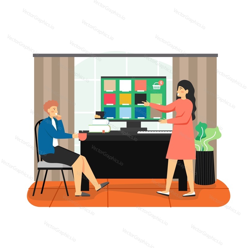 Young man choosing wall paint color, flat vector illustration. Female interior designer offers color swatches, paint palette for home decoration, apartment renovation. Home improvement services.