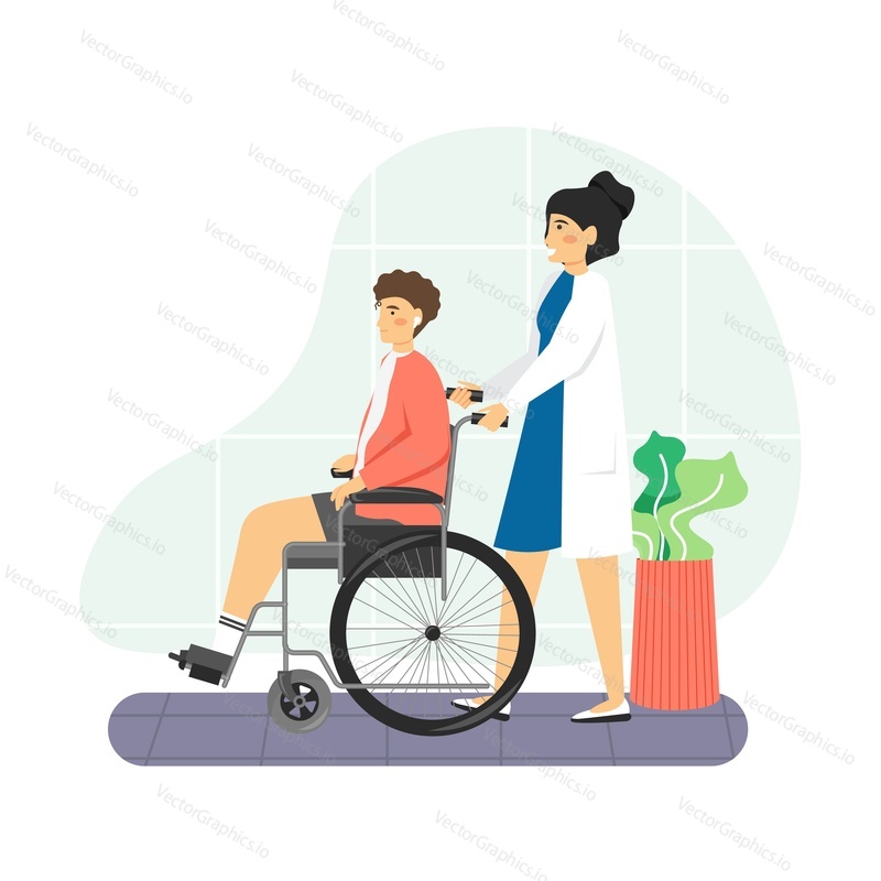 Zdravotní sestra s postiženým pacientem sedícím na invalidním vozíku v nemocnici, plochá vektorová ilustrace. Lékařská péče pro osoby se zdravotním postižením. Rehabilitace, zotavení.