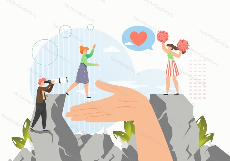 Giant helping hand, business man and woman tiny cartoon characters, heart symbol, flat vector illustration. Human hand helping to reach target in business. Charity and social support concept.